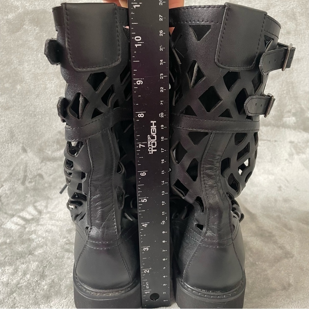 Black Laser Cut Caged Combat Boots EU 42 US 10 Faux Leather Lace Up Buckle - Picture 12 of 12